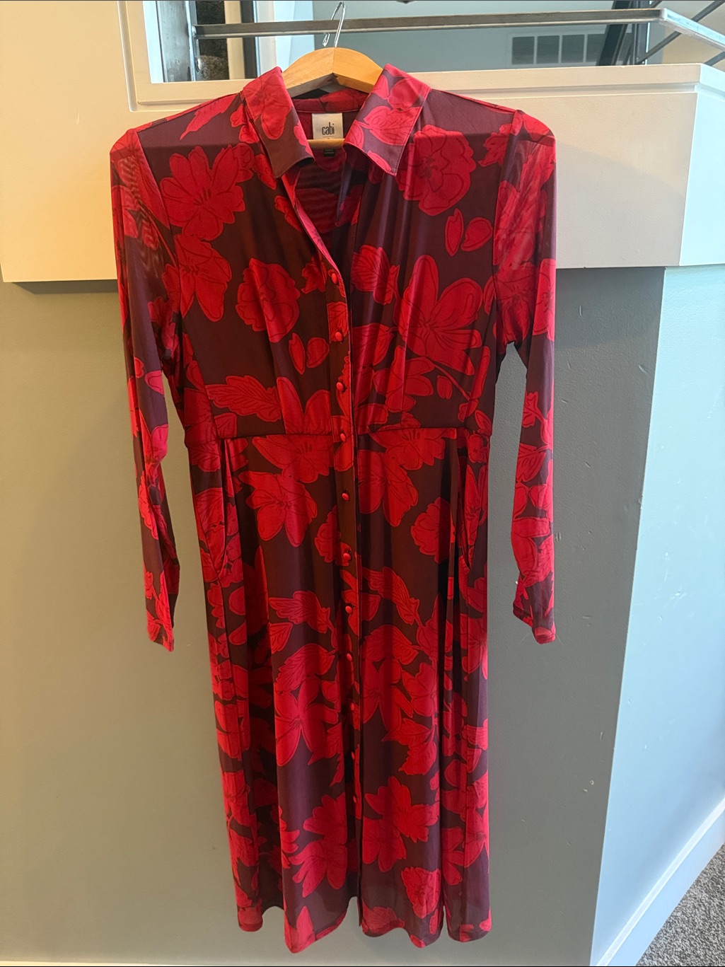 Cabi Red Floral Long-Sleeve Shirt Dress